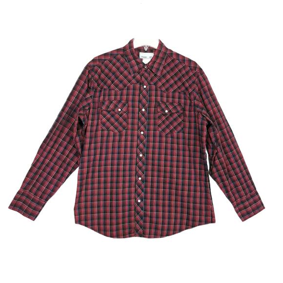 Wrangler Wrancher Men's L Pearl Snap Maroon Black Plaid Western Collared Shirt - Picture 1 of 6